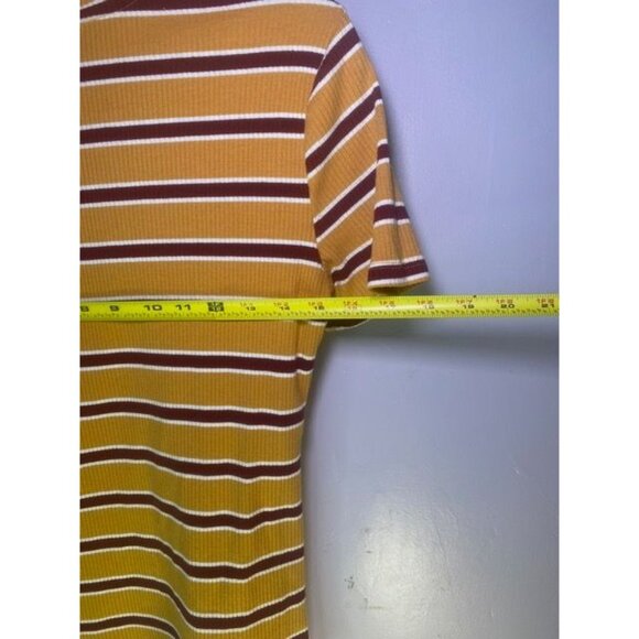 Striped Mustard Ribbed Short Sleeve Mock Neck Top Preppy Academia - Picture 4 of 5